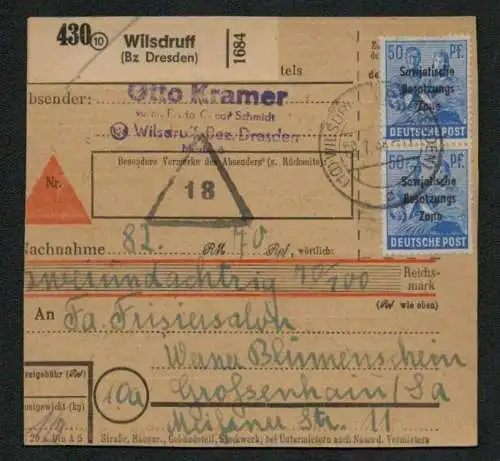 h5559 SBZ Paketkarte Währungsreform 1948 2x 194 MeF Wilsdruff Bz. Dresden nach