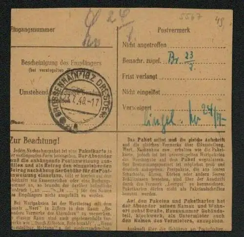 h5567 SBZ Paketkarte Währungsreform 1948 2x 194 MeF Dresden nach Großenhain