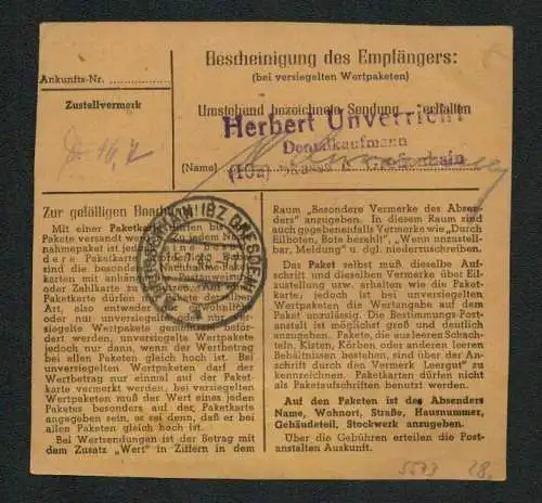 h5573 SBZ Paketkarte Währungsreform 1948 196 EF Dresden nach Skassa Großenhain
