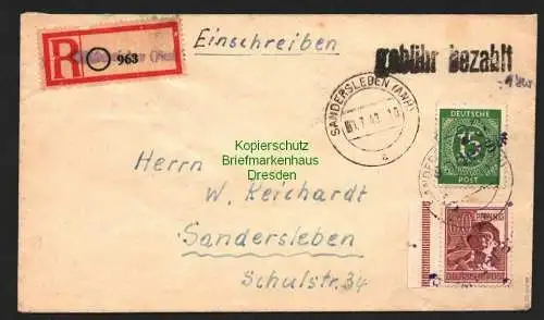 h5930 SBZ Handstempel Bezirk 20 Sandersleben Ziffer 15 II + 60 Pfg. violett 