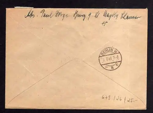 h679 Brief Handstempel Bezirk 20 Burg 30.6.48 R980 Einschreiben an Wirtschaftsko