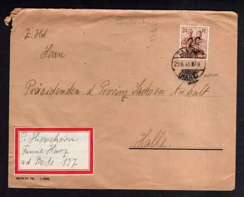 h672 Brief Handstempel Bezirk 20 Blankenburg 29.6.48 Tanne nach Halle