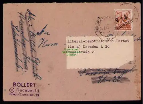 h7075 SBZ Handstempel Bezirk  14 Brief Radebeul 2 gepr. BPP
