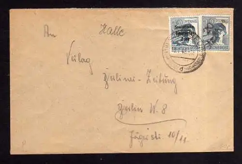 h763 Brief Handstempel Bezirk 20 Staßfurt 13.7.48 ohne Nachgebühr nach Berlin an