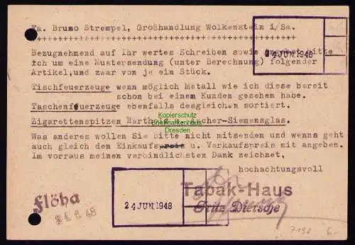 h7192 SBZ Handstempel Bezirk  41 Postkarte Flöha Aktenlochung, auch durch Marke