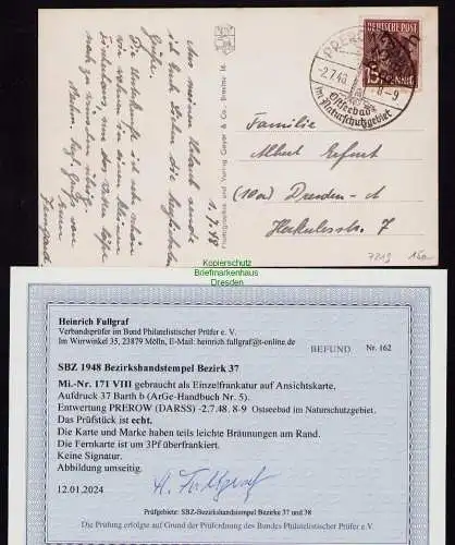 h7219 SBZ Handstempel Bezirk  37 Postkarte Barth Befund Fullgraf BPP