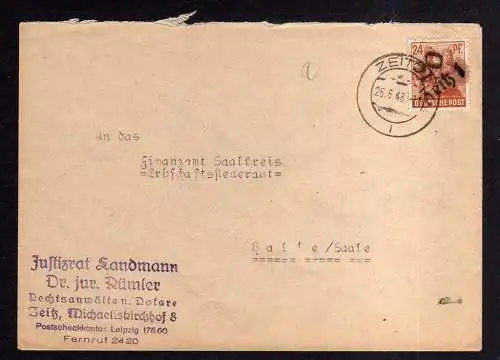 h802 Brief Handstempel Bezirk 20 Zeitz 29.6.48 Silbitz bei Krossen Elster Staatl