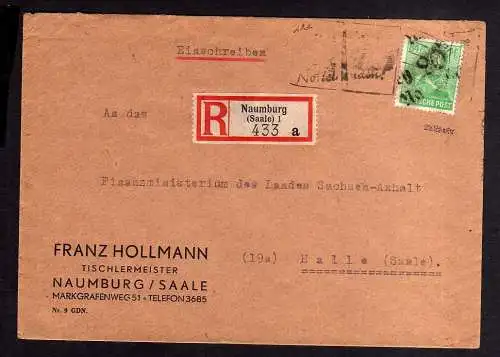h744 Brief Handstempel Bezirk 20 Naumburg 30.6.48 Tischlerei Einschreiben an Deu