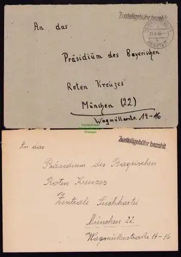 B19253 2x SBZ Brief Gebühr bezahlt Marlishausen Arnstadt 1946 an DRK in München