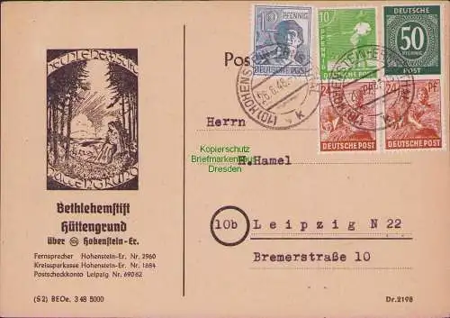 B21499 Postkarte SBZ Zehnfach Frankatur 26.6.48 Währungsreform Hohenstein-E.