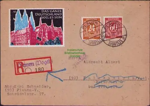 B21513 Brief Alliierte Besetzung Plauen Vogtl. 1946 Einschreiben Vignette Das ga