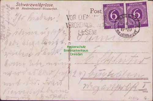 B21516 AK Schwarzwaldgrüsse Rauhmünzach-Wasserfall 1947 Stempel Kiel Reichspost