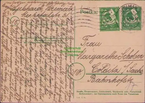 B21529 Ganzsache Thüringen Weimar 1946 nach Colditz