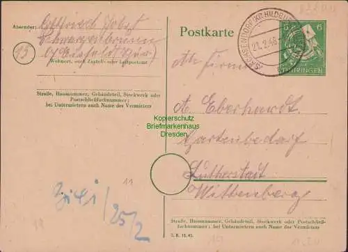 B21530 Ganzsache Thüringen Sachsendorf EisfeldKr. Hildburghausen 1946