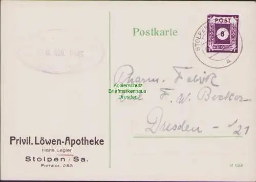 B21550 Postkarte SBZ 44a Ostsachsen Stolpen Löwen Apotheke 1945 nach Dresden