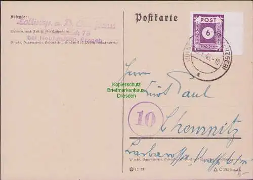 B21551 Postkarte SBZ 62 Ostsachsen Neuhausen Erzgeb. nach Chemnitz 1946
