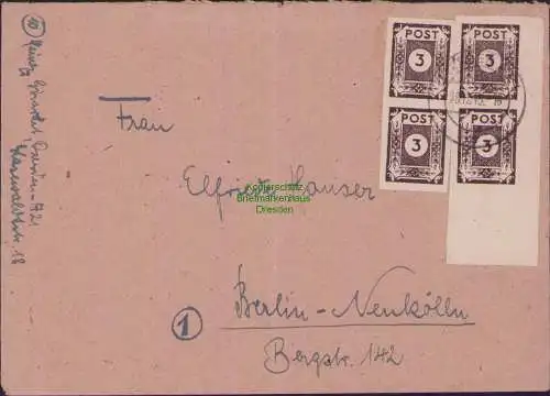B21557 Brief SBZ 4x 51 tx MeF Ostsachsen Dresden 1945 nach Berlin Neukölln