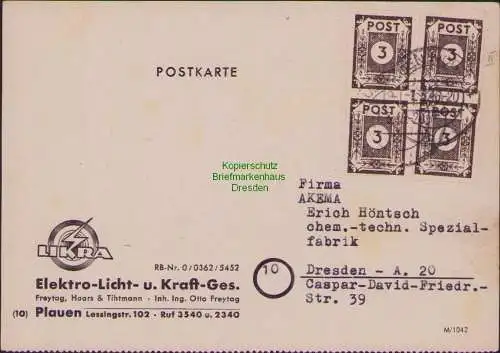 B21563 Postkarte SBZ Ostsachsen 51 tx 3x Type I u 1x Type II Bedarf Plauen nach