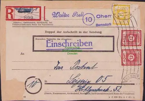 B21572 Brief SBZ Ostsachsen Einschreiben Adressträger auf Briefrückseite Not-R-Z