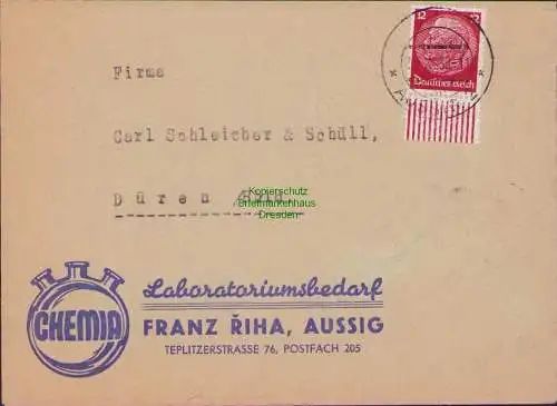 B21575 Brief Aussig 1938 aptierter Stempel Chemia Riha nach Düren
