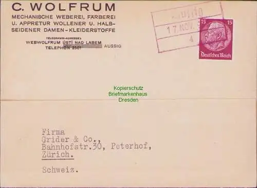 B21576 Postkarte Aussig Notstempel 1938 Kastenstempel nach Zürich Bedarf