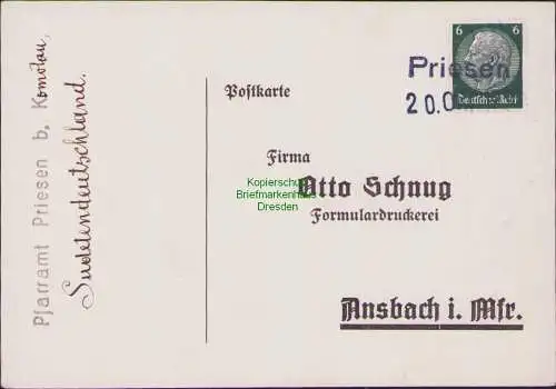 B21577 Postkarte Priesen bei Komotau Sudetenland Notstempel 1938 nach Ansbach