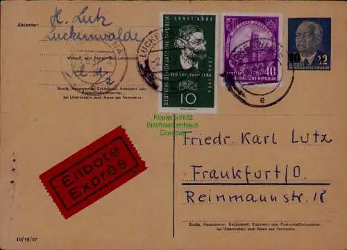 B21616 DDR Ganzsache Pieck P 62 gebraucht Eilkarte Zusatzfrankatur Luckenwalde