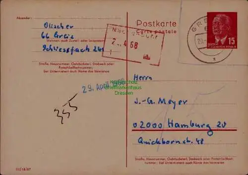 B21620 DDR Ganzsache Pieck P 64 1968 Greiz Nachgebühr nach Hamburg
