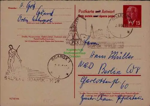 B21625 DDR Ganzsache Pieck P 65 Frageteil aus Gdansk Polen 1959 als Antwortkarte