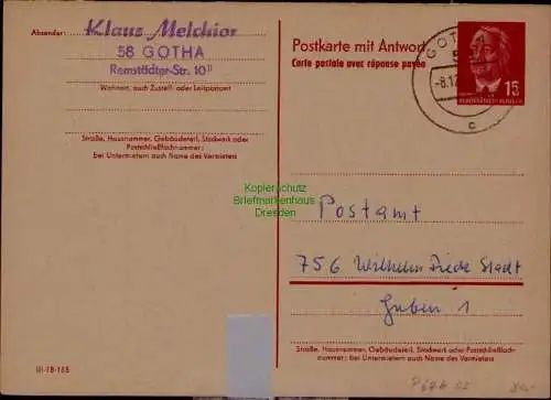 B21626 DDR Ganzsache Pieck P 65 Frageteil Gotha 1975