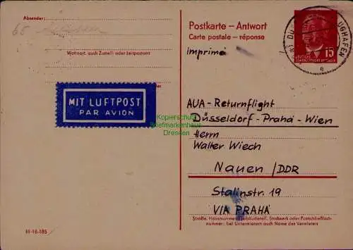 B21627 DDR Ganzsache Pieck P 65 A Antwort aus Düsseldorf nach Nauen 1961
