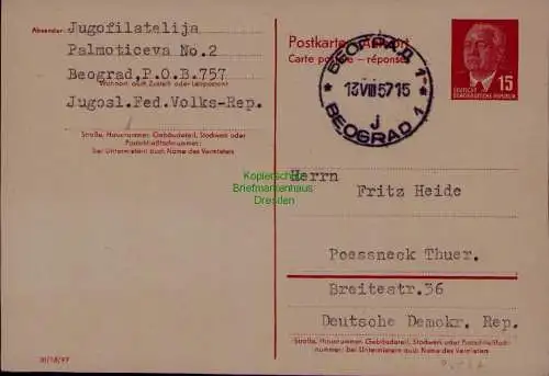 B21628 DDR Ganzsache Pieck P 65 A Antwort aus Beograd nach Pössneck 1957