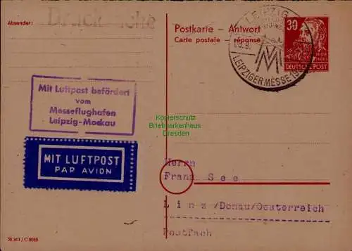 B21646 DDR Ganzsache P 39 A Luftpost Messeflughafen Leipzig Mockau 1953