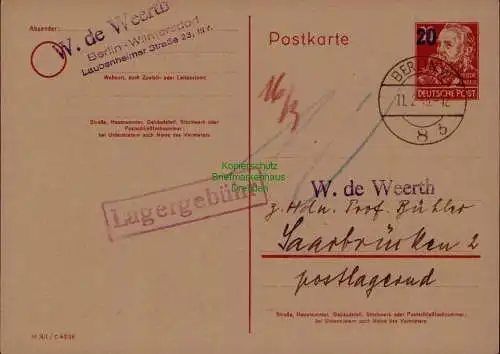 B21652 DDR Ganzsache P 42 01 nach Saarbrücken postlagernd Lagergebühr 1953
