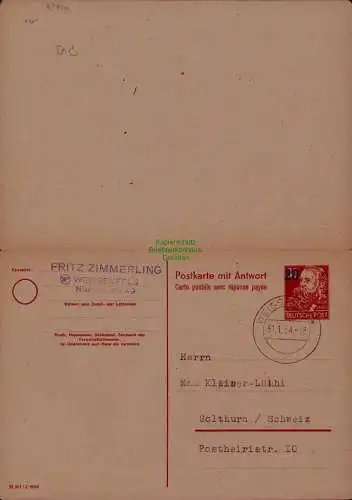 B21654 DDR Ganzsache P 43 Weissenfels 1954 nach Solothurn Schweiz