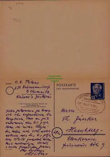 B21657 DDR Ganzsache P 46 Bahnpost Chemnitz - Annaberg 1952