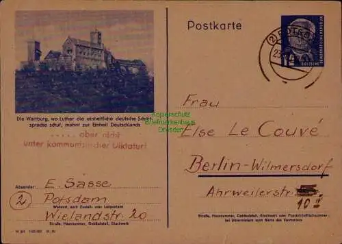 B21661 DDR Ganzsache P 47 04 Potsdam nachBerlin Wilmersdorf Propaganda 1950