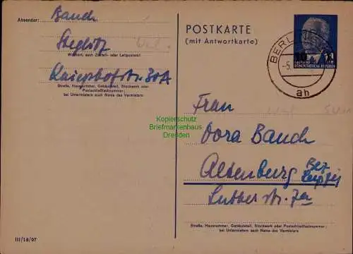 B21692 DDR Ganzsache Pieck P 63 F Fragekarte ab Westberlin SW 11 nach Altenburg