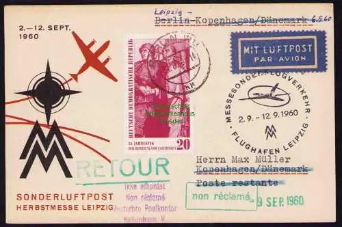 B19333 Postkarte DDR Sonderflugverkehr Leipziger Messe 1960 Leipzig Kopenhagen