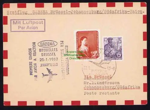 B19311 Postkarte Sabena Erstflug Brüssel - Johannesburg 1960 DDR Luftpoststelle