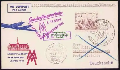 B19313 Brief DDR Lufthansa Sonderflugverkehr Leipziger Herbstmesse 61 Kopenhagen