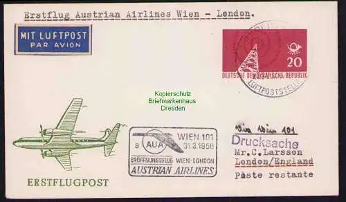 B19316 Brief Austrian Airlines Erstflug AUA Wien London 1958 DDR Luftpoststelle