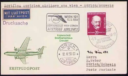 B19318 Brief Austrian Airlines Erstflug AUA Wien Zürich 1958 DDR Luftpoststelle