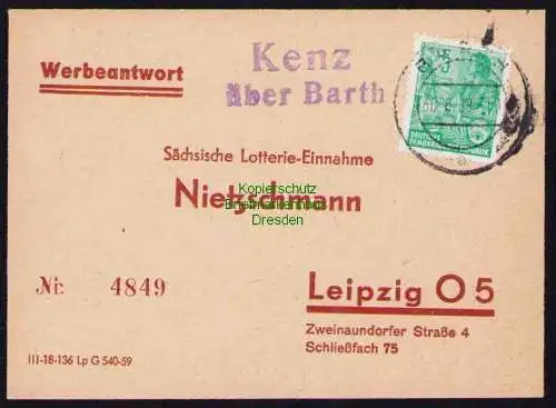 B19305 Brief Werbeantwort Landpoststempel Kenz über Barth 1959 Lotterie Einnahme