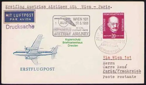 B19312 Brief Austrian Airlines Erstflug AUA Wien Stuttgart Paris 1959 DDR Berlin