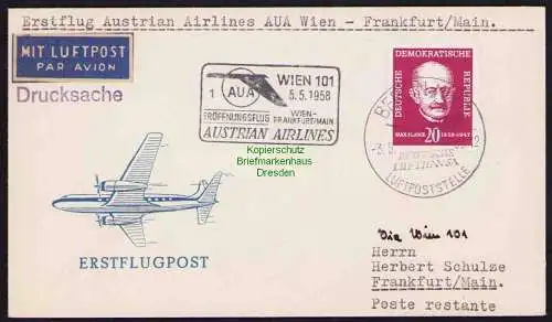 B19320 Brief Austrian Airlines Erstflug AUA Wien Frankfurt Main 1958 DDR Berlin
