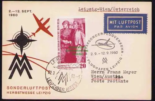 B19332 Postkarte DDR Sonderflugverkehr Leipziger Messe 1960 Leipzig Wien