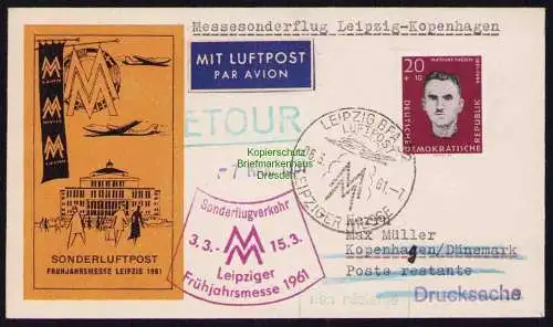 B19334 Brief DDR Sonderflugverkehr Leipziger Frühjahrsmesse 1961 Kopenhagen