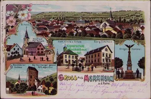 162956 AK Merxheim Nahe Litho 1916 Gasthaus Mensch Hunolsteiner Schloss Schule