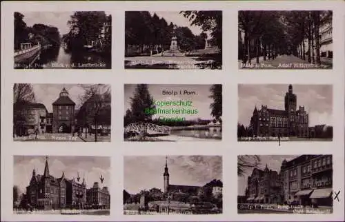 162901 AK Stolp i. Pom. 1942  Blick v. d Laufbrücke Bismarckplatz Cafe Reinhardt